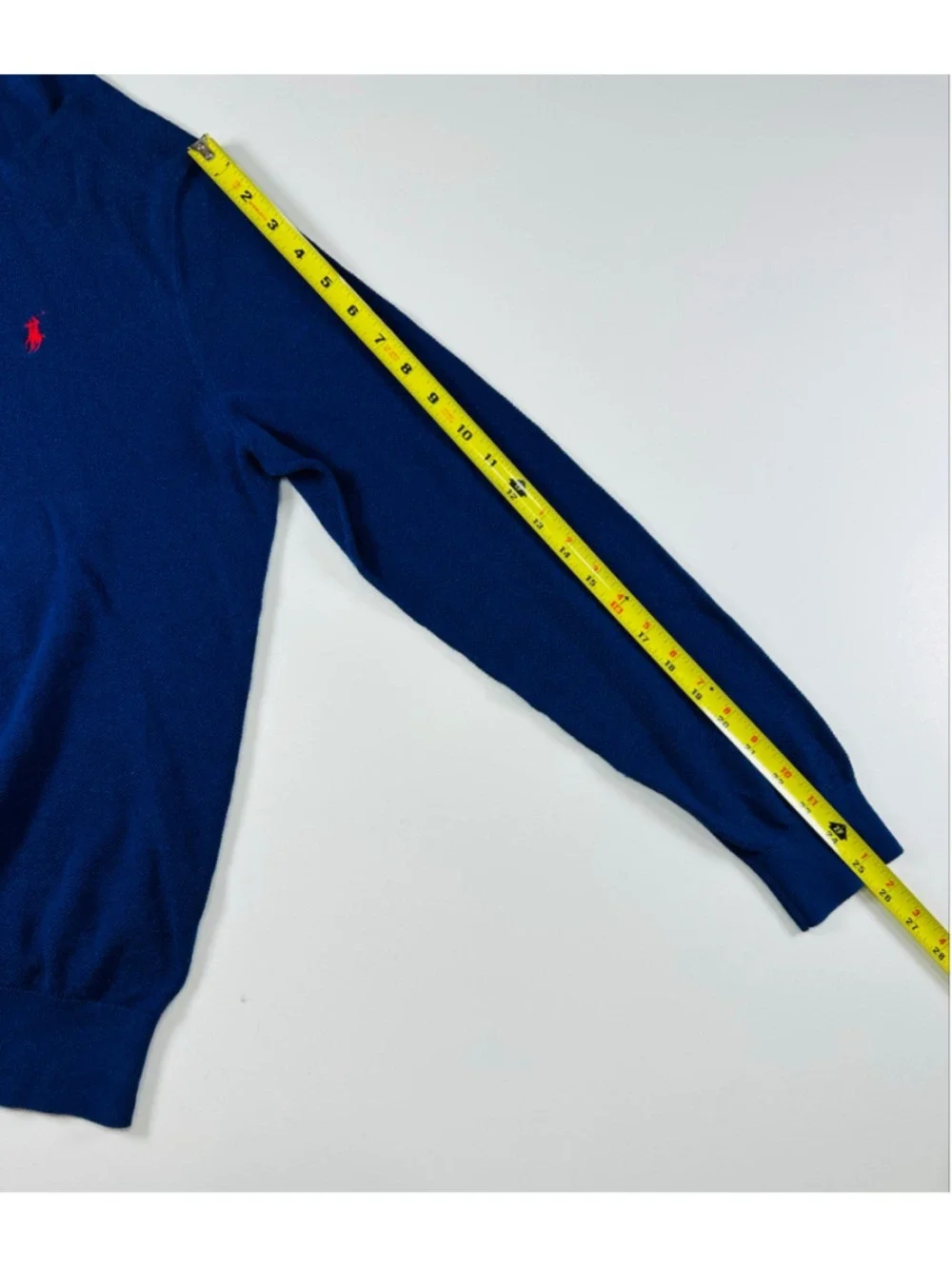 Vintage Polo Ralph Lauren Blue Cotton Cashmere V-Neck Sweater XL Red Pony